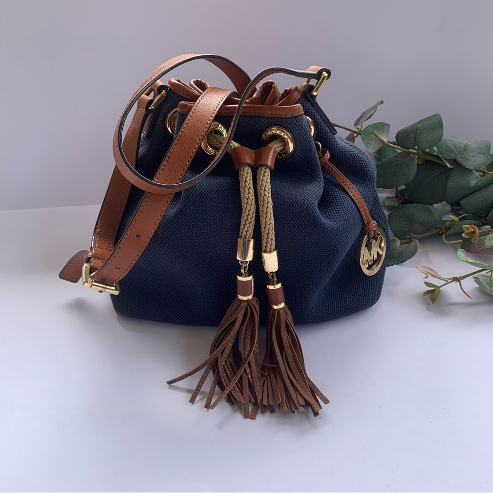 Michael Kors Marina Small Canvas Bucket Bag in Navy Gold Hardware Brown Leather